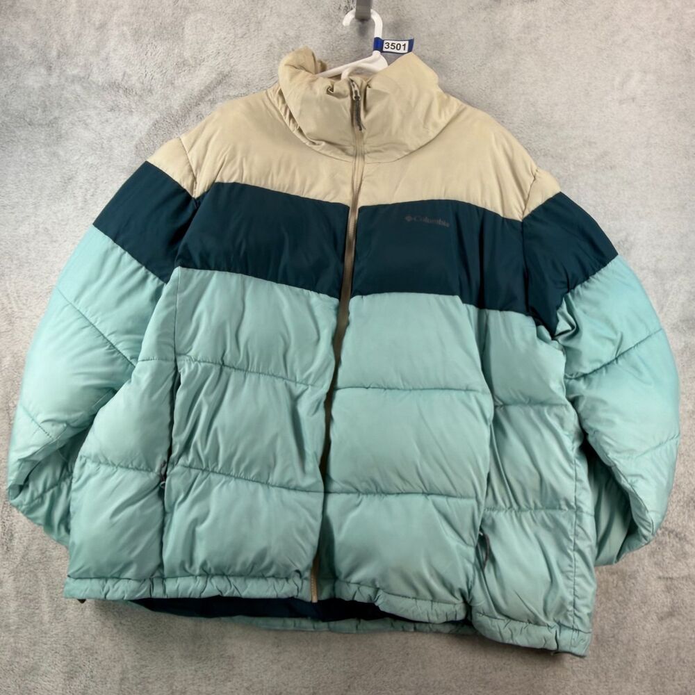 Columbia Women's 3X Colorblock Puffer Jacket Teal Aqua Cream Winter Coat